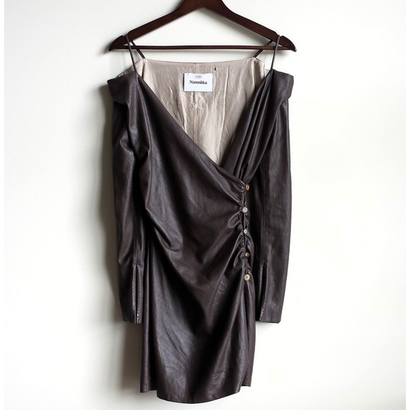NANUSHKA Nanushka Moha Dress Faux Leather Wrap Brown Button Fit Mini V neck XS - Picture 5 of 12